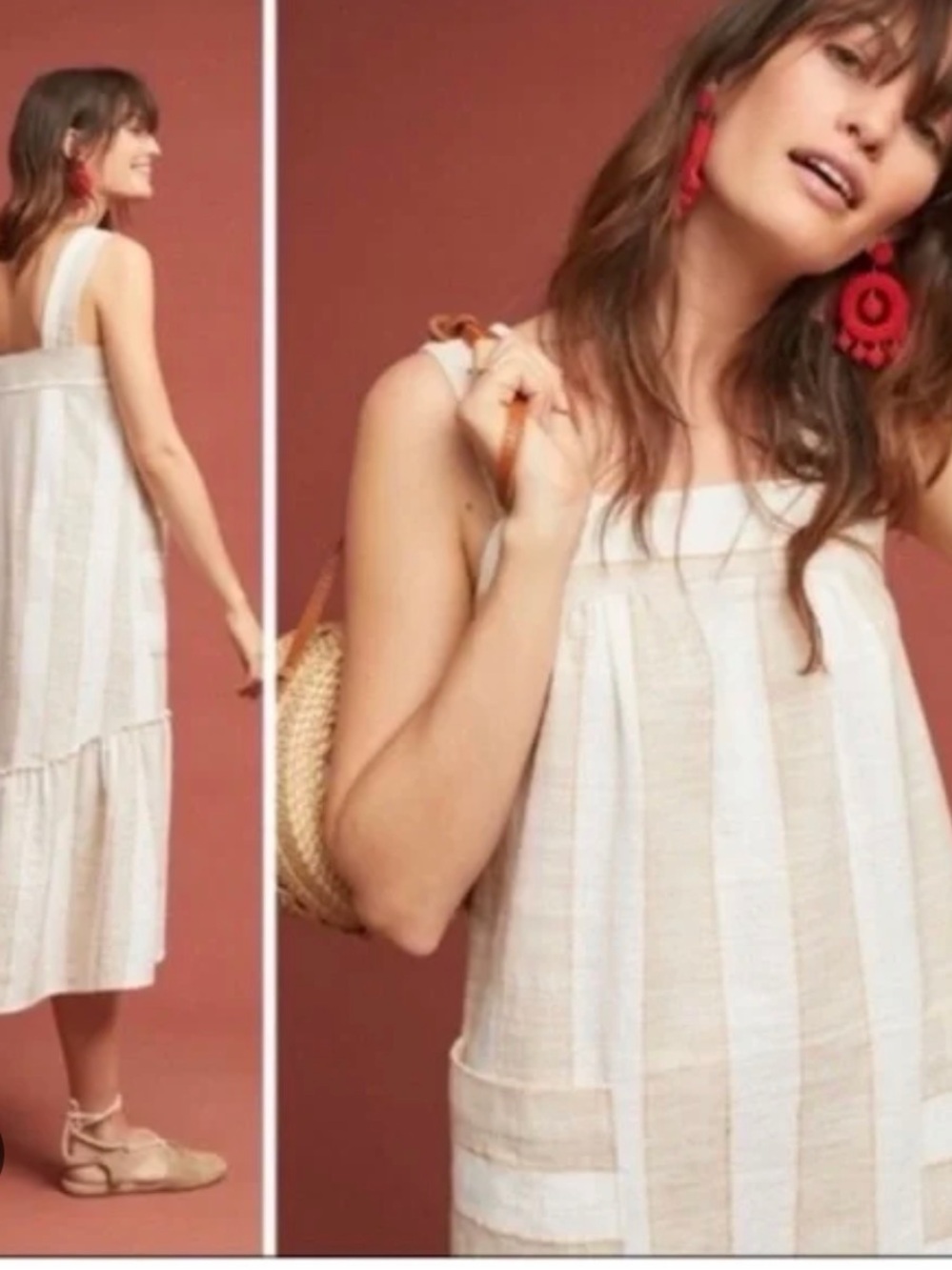 Anthropologie Maeve Cream and Light Beige Striped Sleeveless Sundress (size: MP)